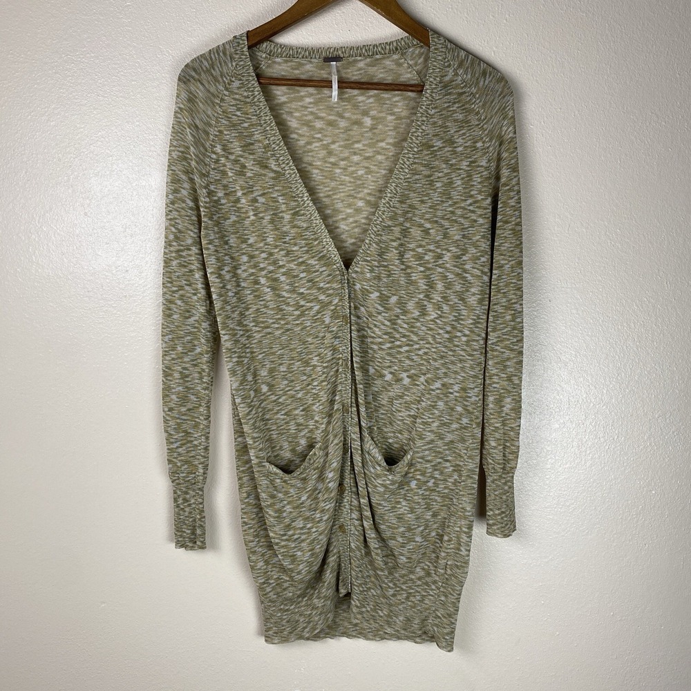 Free People Size L Cardigan Sweater Green Knit Mesh Button Front Pocket Cottage